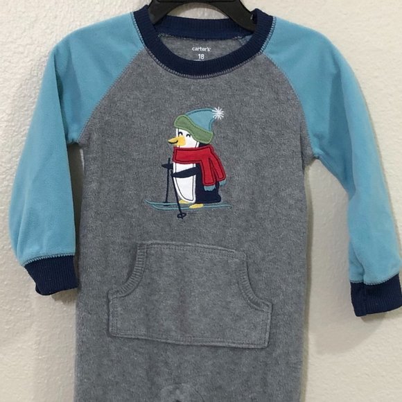 CARTER"S Fleece One-Piece Romper Jumpsuit Bodysuit Penguin Skiing Size 18 Months - Picture 2 of 9